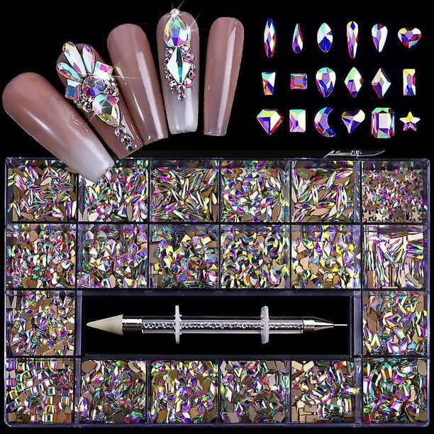2500pcs Nail Art Rhinestones Kit,3D Mix Nail Art Rhinestones Crystals 12 Kinds 300 Special Shaped Diamonds+2200 Nail Rhinestones for Acrylic Nails wit