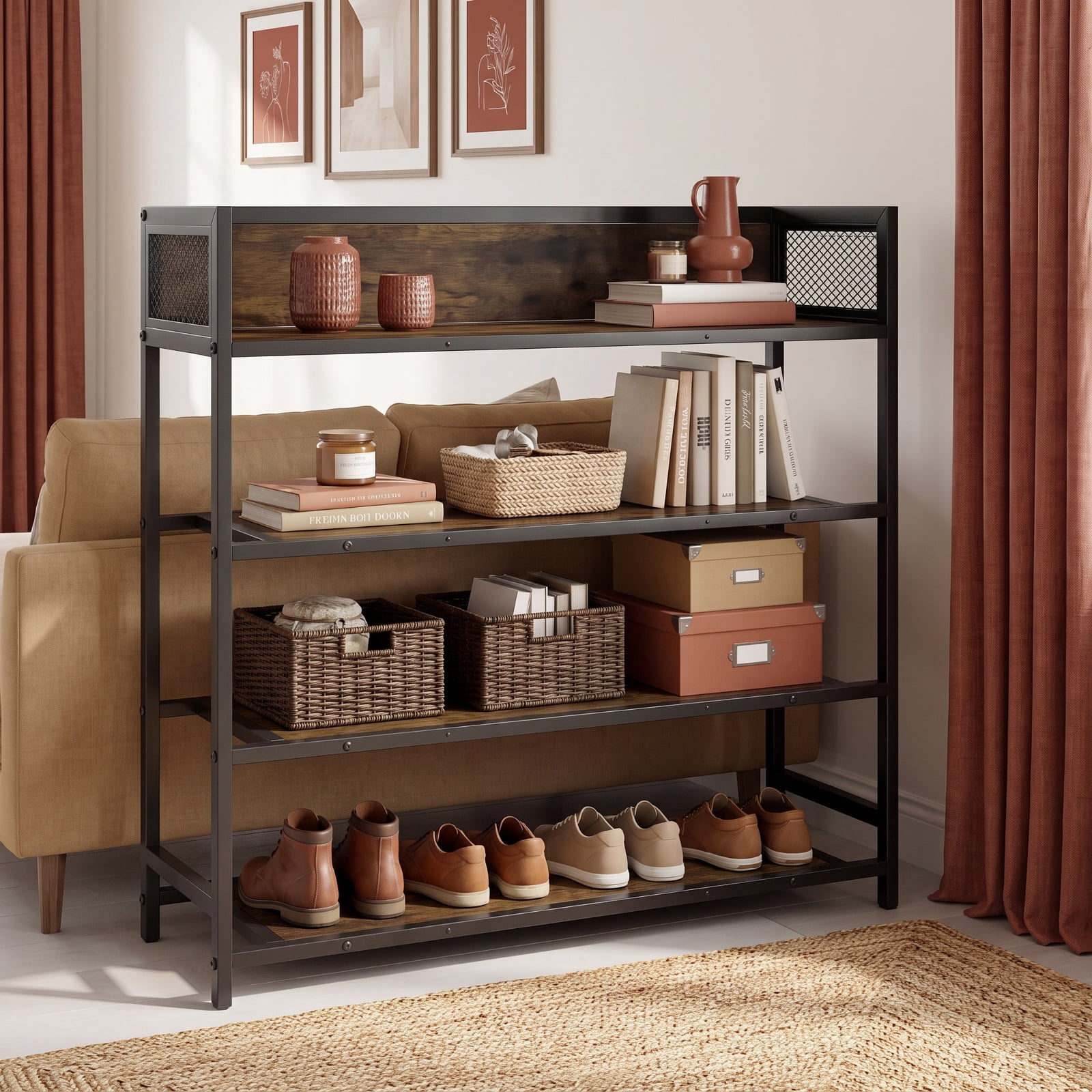 Furnibear 4 Tier Industrial Shoe Rack Organizer with Heavy Duty Metal Frame and Anti Toppling Kit for Entryway Hallway and Closet, Rustic Brown