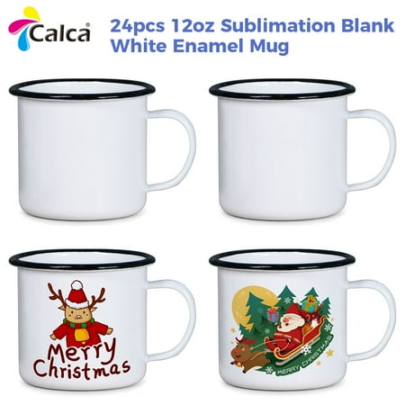 

CALCA 24 Pack Bulk Sublimation Blanks Enamel Mug White 12oz with Black Rim Camping Travel Coffee Mug for DIY Mug Tumbler Press Print