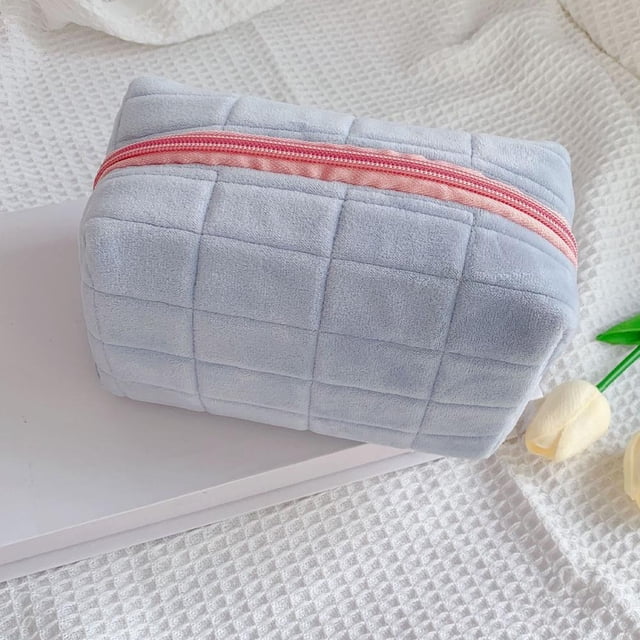 Cute Plush Block Cosmetic Bag Large Capacity Lattice Bags Makeup