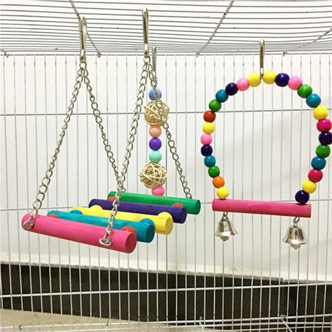 Macaws 5 PCS Hanging Bell Pet Bird Cage Hammock Swing Toy Wooden Chewing Toy for Conures Love Birds Small Parakeets Cockatiels