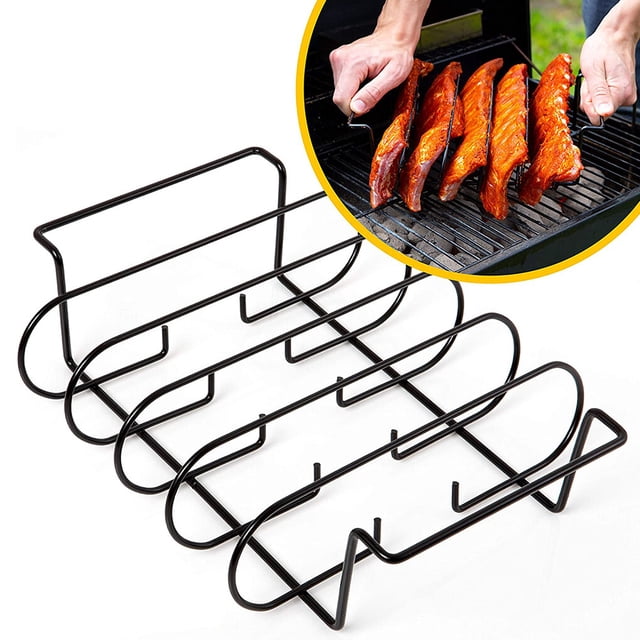 Grill Rib Rack Iron Grilling Barbecue Rib Stand 5 Slots Non-stick Picnic BBQ Steak Holder Shelf