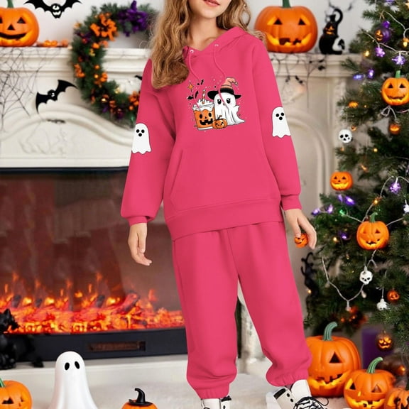 Placlothes Girls' Hall-oween Matching Outfit Set - Soft Polyester Hoodie & Jogger Pants, Hot Pink, 3-12Y with Ghost & Pumpkin Prints for Trick-or-Treat/Parties/Autumn Casual,Size 6 T