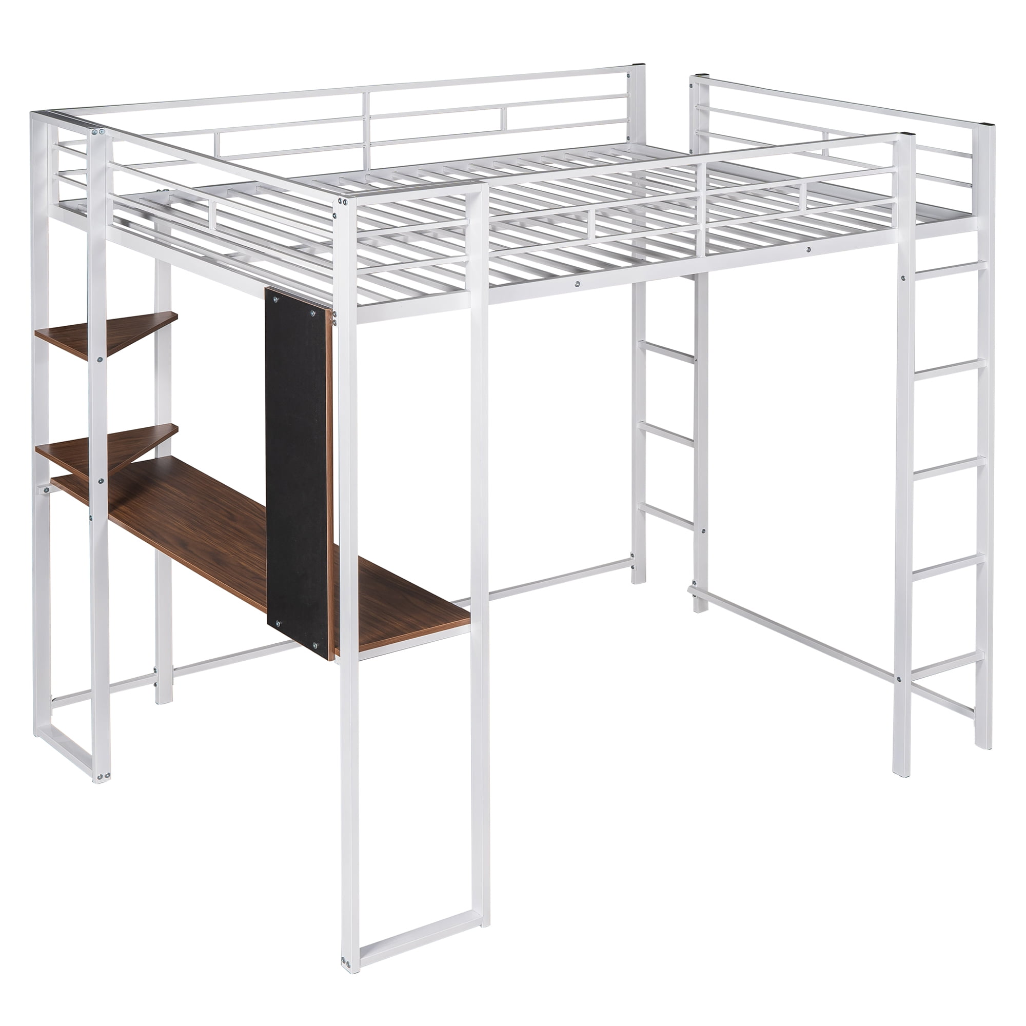 Gewnee Full Size Metal Loft Bed with Desk and Two Ladders for Kids and Teens,White