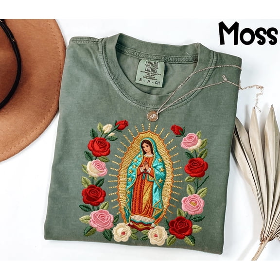 Our Lady of Guadalupe Shirt Virgin Mary Tee Catholic Christian Gift Floral Rose Design