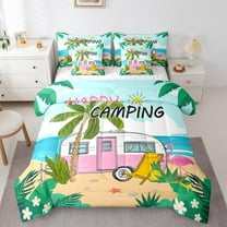 Manfei Travel Trailer 7-Piece Twin Bedding Sets,Happy Camping Bedding Comforter Set,Hawaii Sea Beach Holiday Sheet Sets For Boys Kids,Luxury Bedroom Decor Reversible