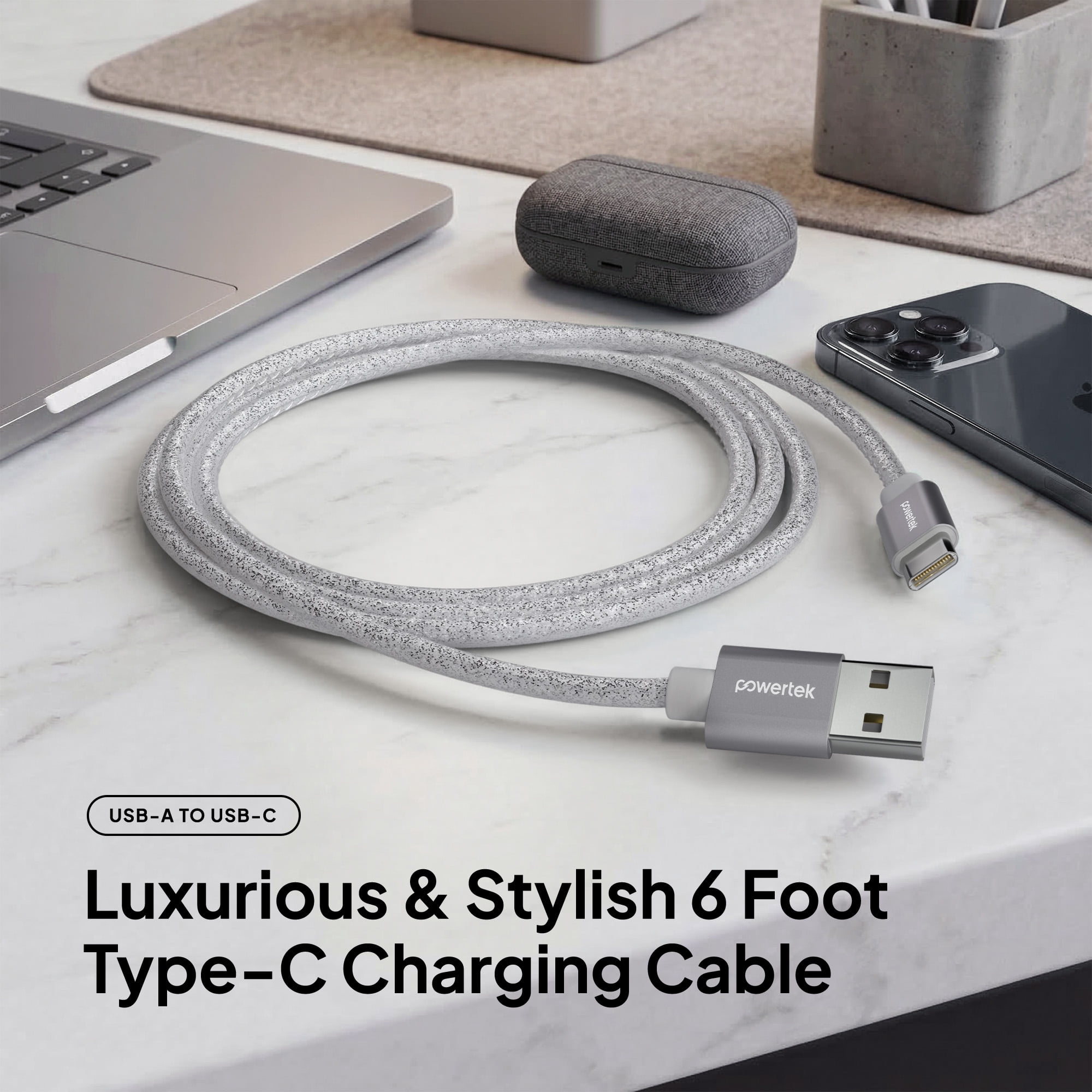 Powertek USB-A to USB-C Cable, Fast Charging Type-C Charger Cord, Durable Tangle-Resistant Sync Cable, White Glitter, 6FT