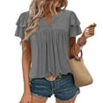 thumbnail image 2 of Camisetas Casuales de Manga Corta de las Mujeres con Cuello en V, Cuello Redondo, Color Sólido Blusa Ligera de Poliéster, 2 of 8