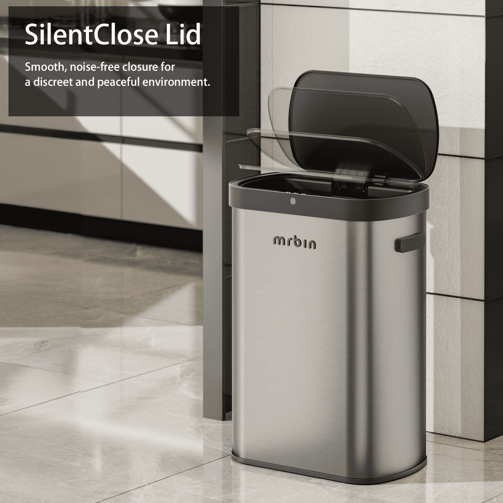 Mrbin 13 Gal Automatic Kitchen Trash Can, Stainless Steel Garbage Can with Lid, Fingerprint Resistant, Gray
