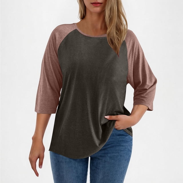 Meichang T-Shirts à Manches 3/4 Grande Taille pour Femmes, Col Rond, à Blocs de Couleur, Raglan, Décontractés, Amples, Légers, pour Sorties, Cadeaux pour Femmes