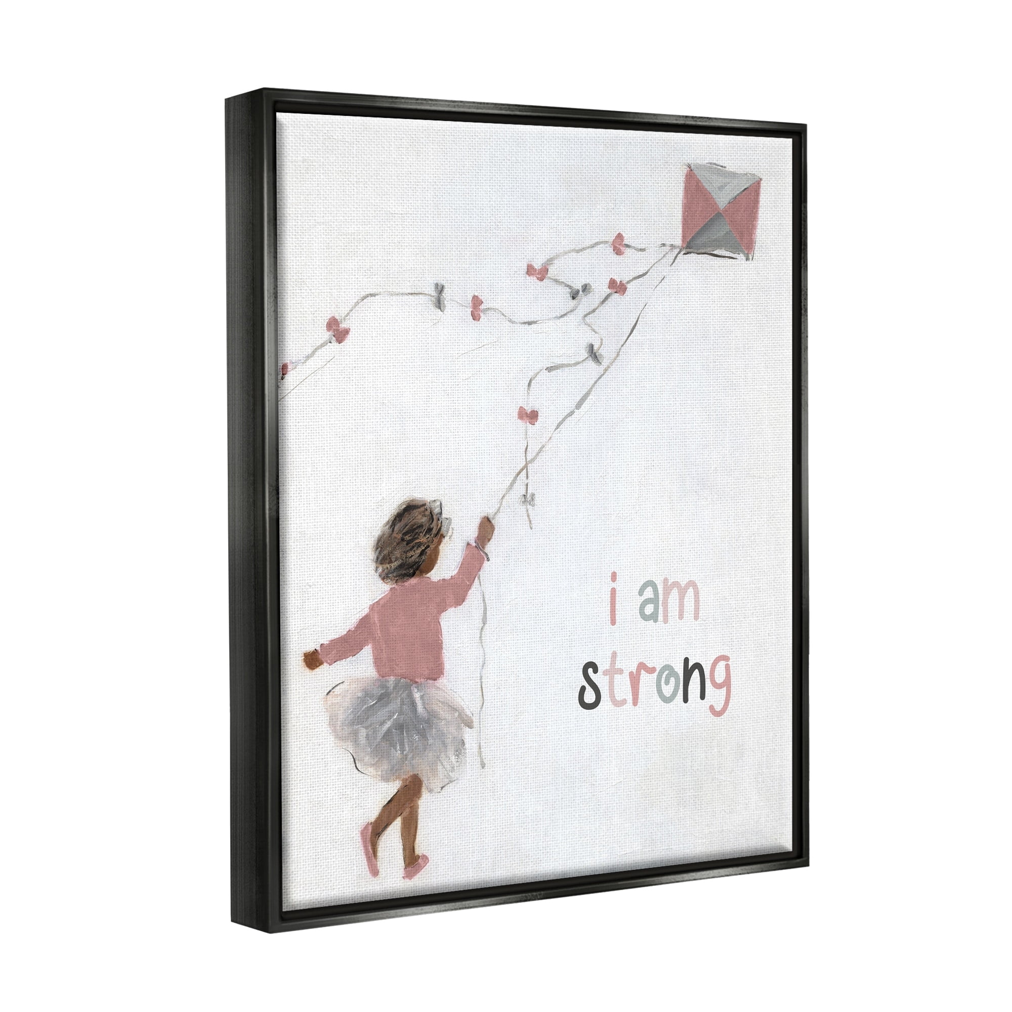 Stupell Industries I Am Strong Motivating Kids Kite Flying Painting Graphic Art Jet Black Floating Framed Canvas Print Wall Art, Design by Sally Swatland