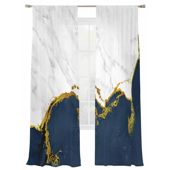 Navy Blue Gold Marble Sheer Curtains 96 Inch Long 2 Panels, Abstract Wave Modern Luxury Light Filtering Rod Pocket Semi Sheer Curtains, Sheer Voile Drapes for Living Room Bedroom, 52"x96"