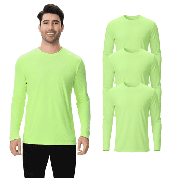 Zfeel Men's Dry Fit Hi Vis Safety Neon Green Long Sleeve Poly Shirt, Moisture Wicking, 3 Pack, S