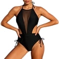 thumbnail image 2 of One Piece Swimsuit for Women Halter Neck Cutout Mesh Bathing Suit Open Back Ruched Drawstring Cheeky Swimwear Black XL(XL), 2 of 7
