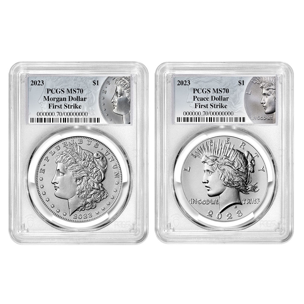 THE UNITED STATES MINT 2023 $1 Morgan and Peace Silver Dollar 2pc Set PCGS MS70 FS Morgan & Peace Label