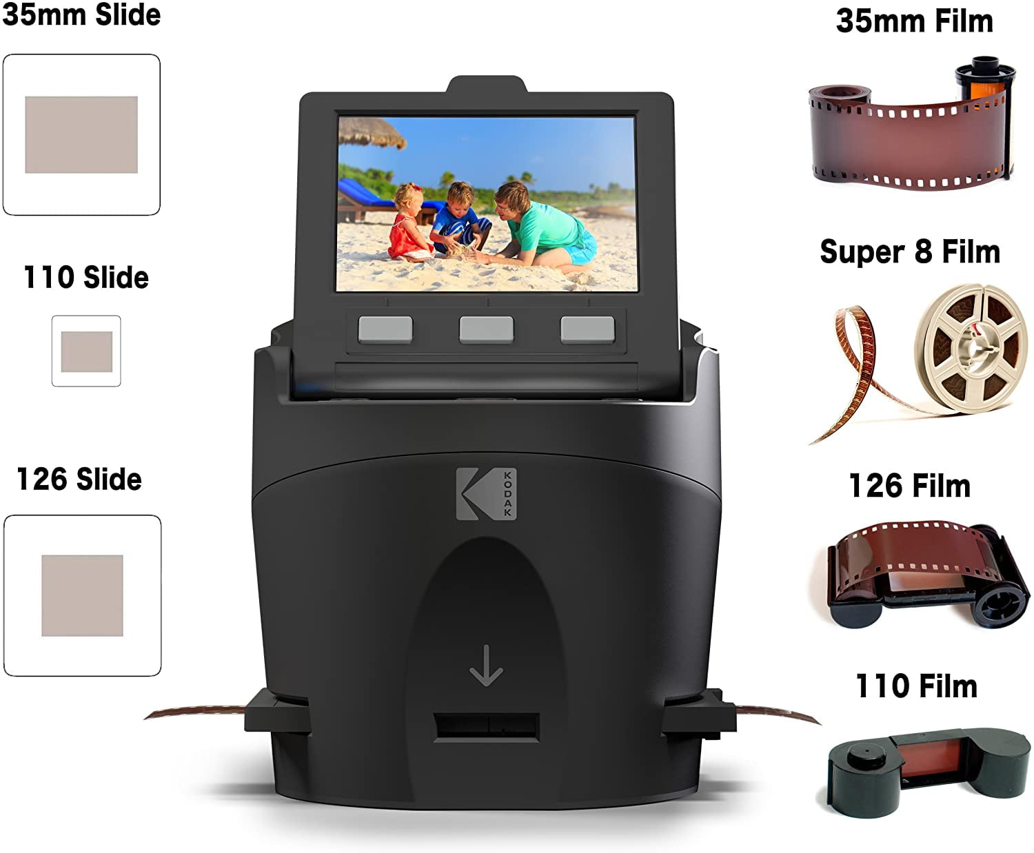 zonoz FS-Five Digital Film & Slide Scanner Converts 35mm Includes Large Bright 5-Inch LCD Super 8 & 8mm Film Negatives & Slides to JPEG 16GB SD Card Easy-Load Film Inserts Adapters 126 110 