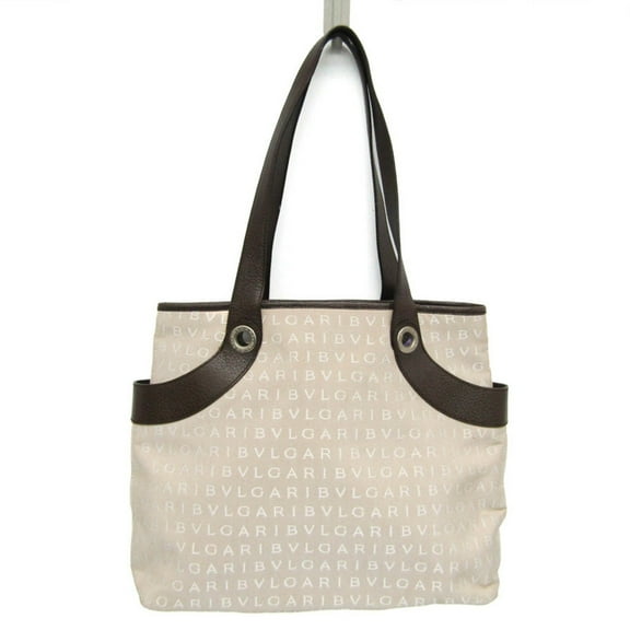 Pre-Owned Bvlgari Logomania Women's Canvas,Leather Handbag Beige,Dark Brown (Good)