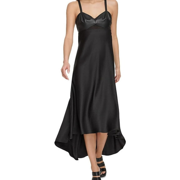 DKNY Womens Faux Leather Mix Media High-Low Dress, Black, 8