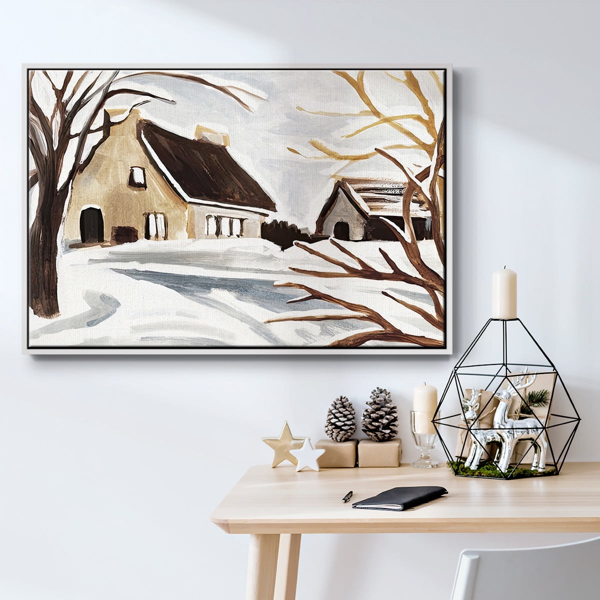 Winter Cottage II - Framed Gallery Wrapped Holiday Canvas - 25 x 37 - White Frame