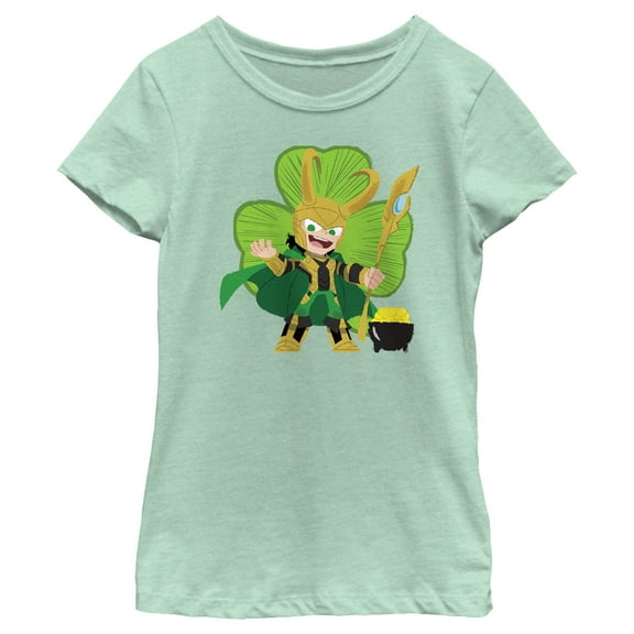 Girl's Marvel Shamrock Loki  Graphic Tee Mint Large