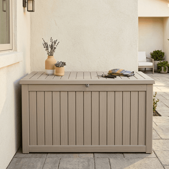 Decksplore 280 Gallon Extra Large Resin Deck Box, Soft Close Lockable Outdoor Storage, Tan