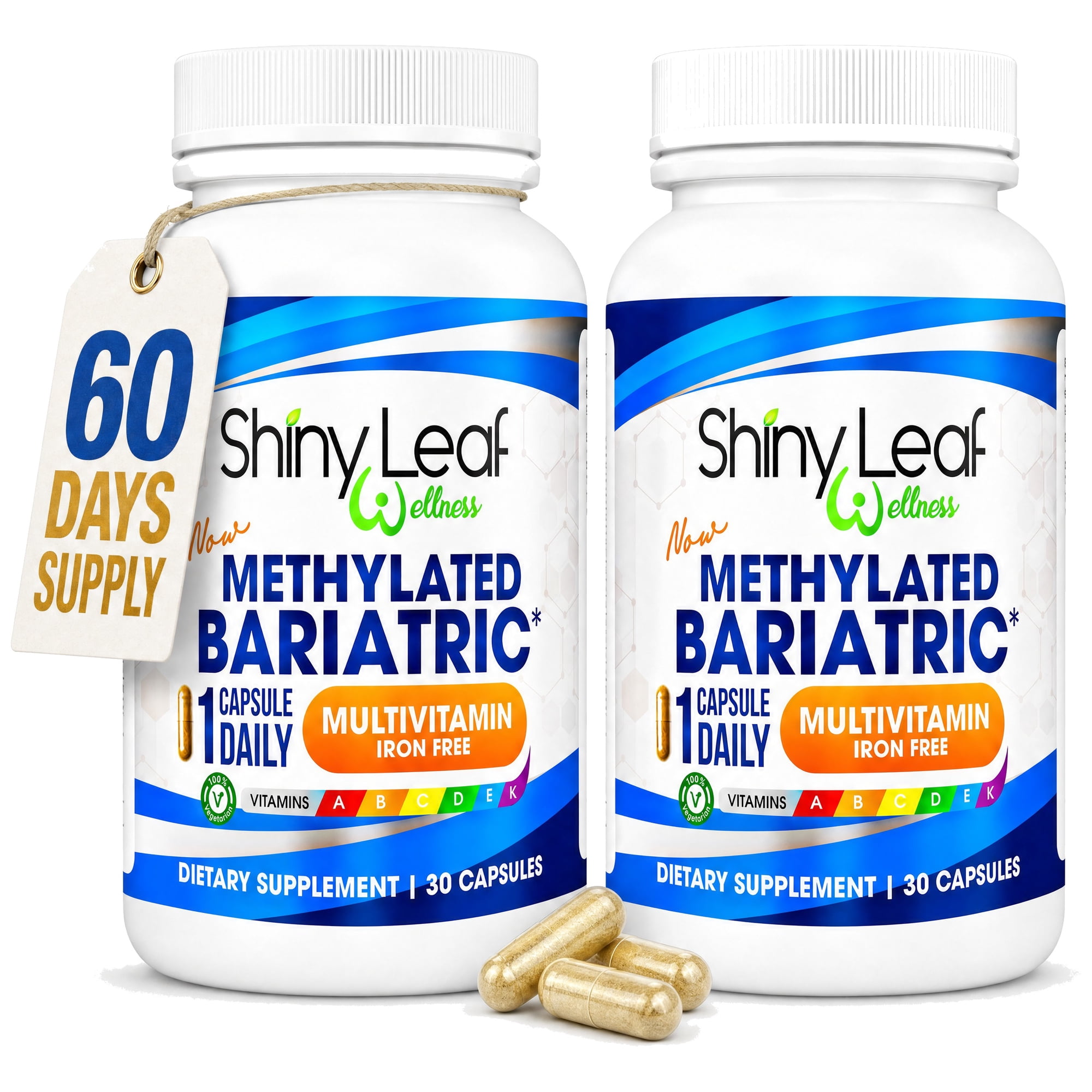 Shiny Leaf Methylated Bariatric Multivitamin Without Iron – 1 Daily Capsule with Methylated Folate & B12, Vitamins A, C, D, Biotin, Zinc, K – For Gastric Bypass & Sleeve – Vegetarian, Soy-Free, 60ct