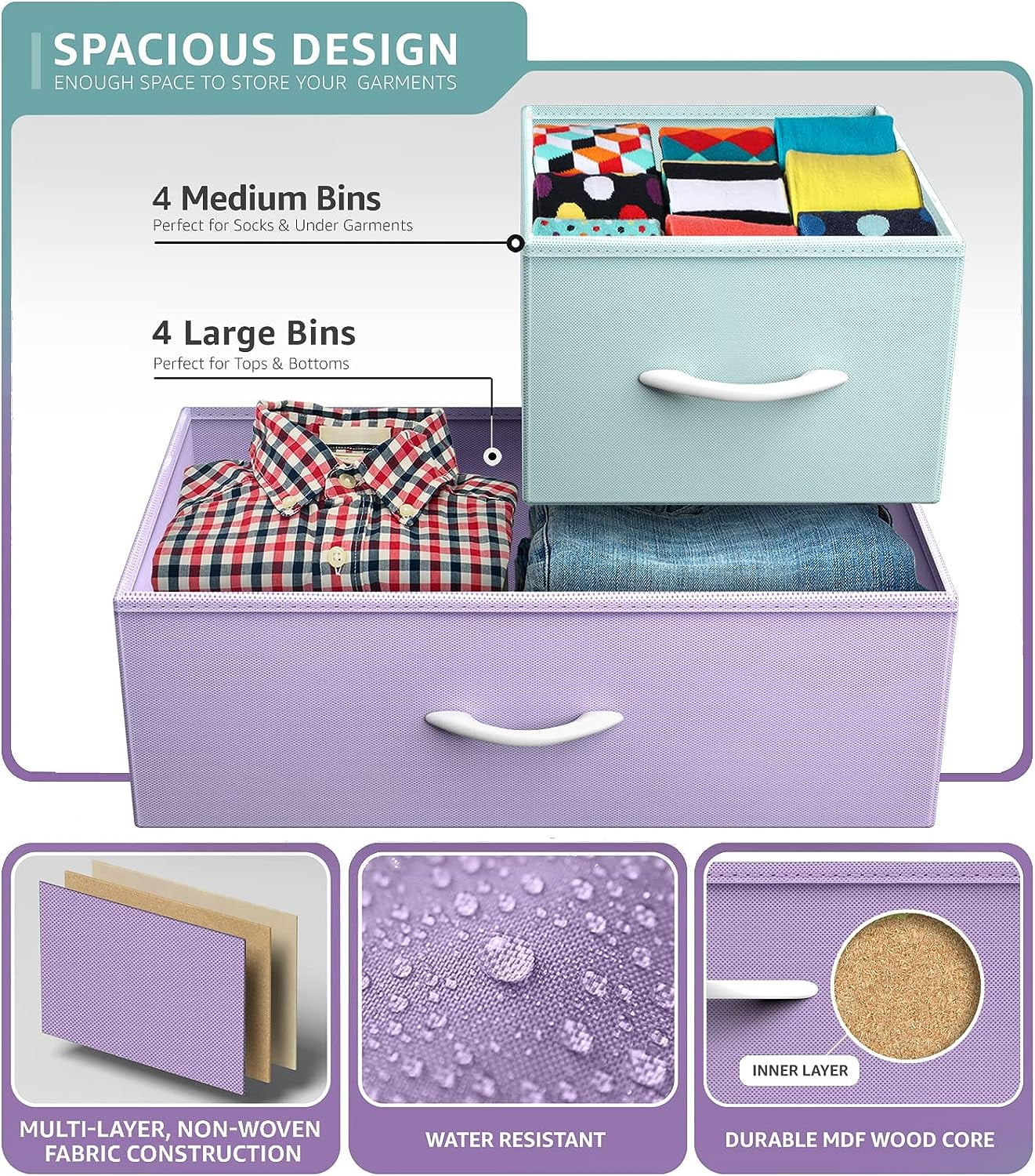 Sorbus 8-Drawer Dresser, Steel Frame Storage Chest with Fabric Bins, Wood Top, Multi Pastel