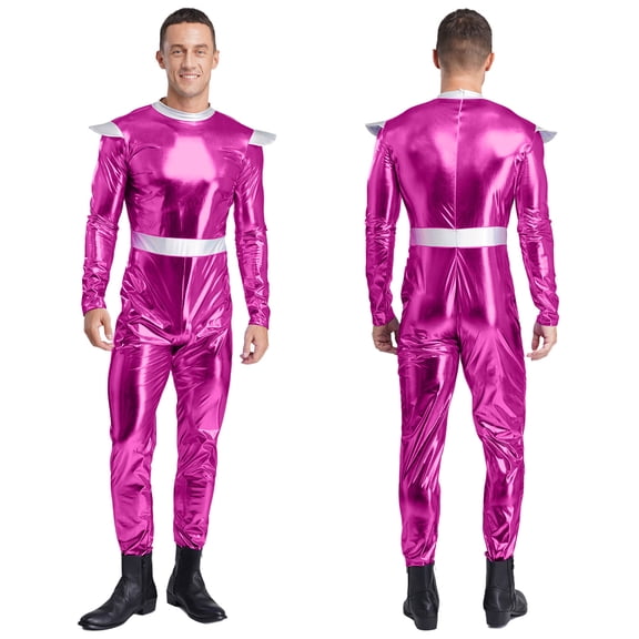 Aislor Alien Cosplay Jumpsuit Men Space Long Sleeves High Waist Metallic Bodysuit for Halloween Parties Hot Pink L