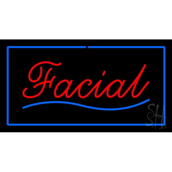 Red Facial Blue Border LED Neon Sign 20 x 37 - inches, Black Square Cut Acrylic Backing, with Dimmer - Bright and Premium built indoor LED Neon Sign for Spa interior decor and storefront.