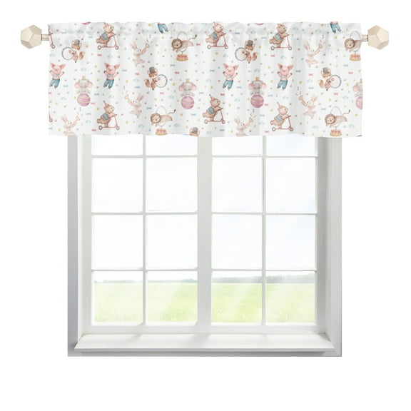 Watercolor Circus Animals Kitchen Valances 54 in x18 in Funny Fox Rabbit Elephant Lion Bear Pig Rod Pocket Window Curtain Panel for Kid Toddler Bedroom Living Room Bathroom Toppers