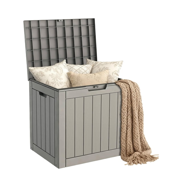Outdoor Storage Box - Waterproof Resin Deck Chest with Lockable Lid, Wood-Grain Look, Built-In Handles, All-Weather Patio, Garden & Pool Cushion Storage (Grey)