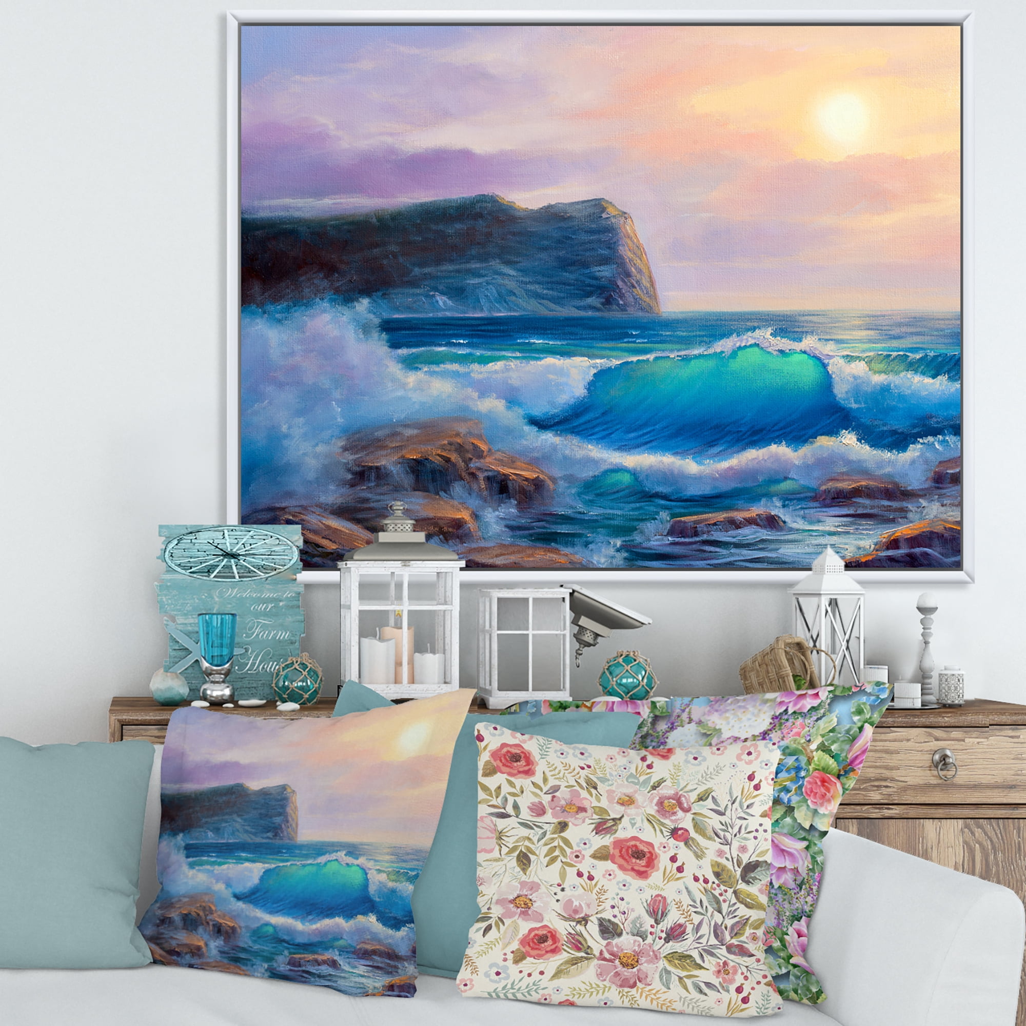 Designart 'Blue Waves Breaking At The Beach Landscape III' Nautical & Coastal Framed Canvas Wall Art Print