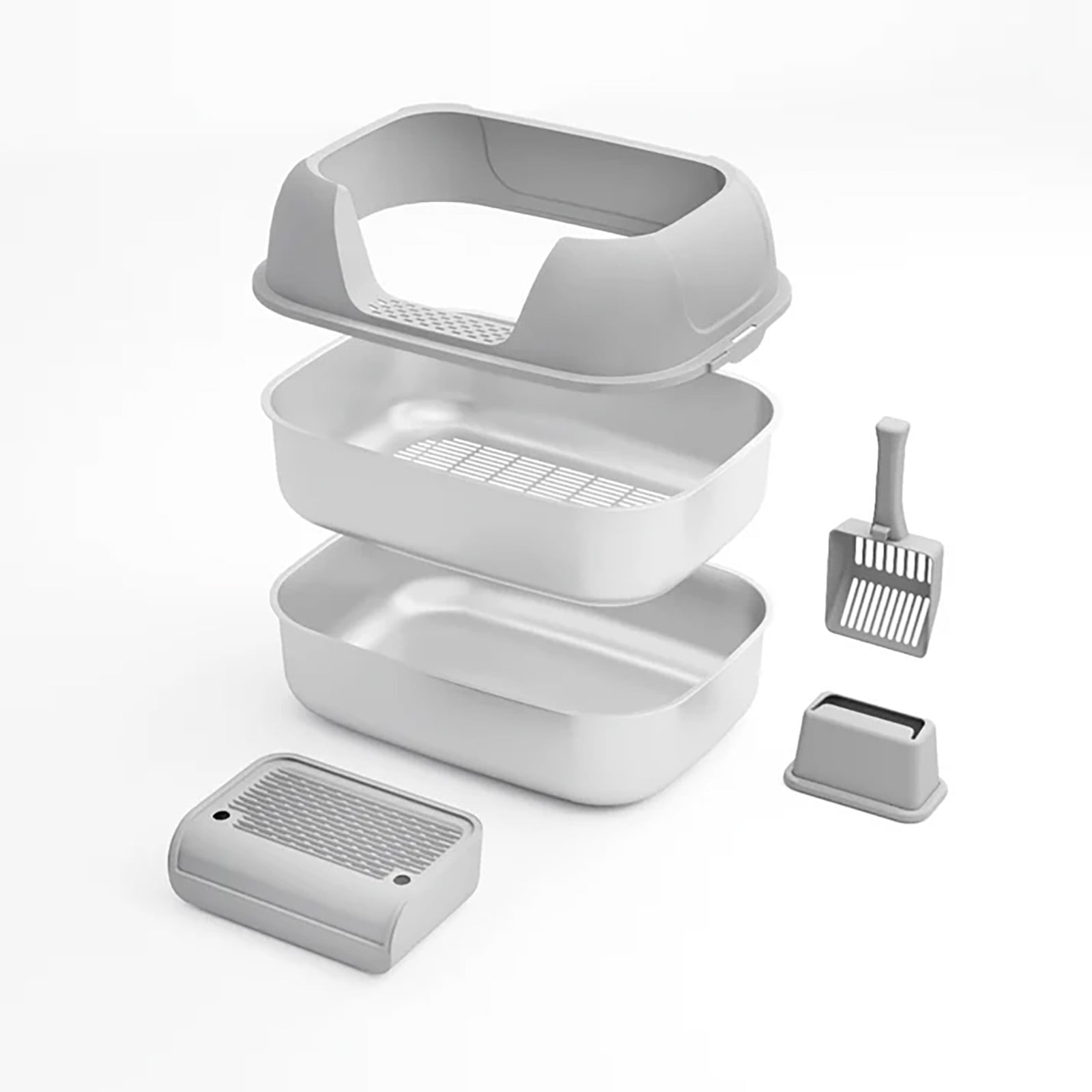 Furrbby Stainless Steel Sifting Litter Box with Lid for Big & Multi Cat, Easy Clean, with Scoop, Grey