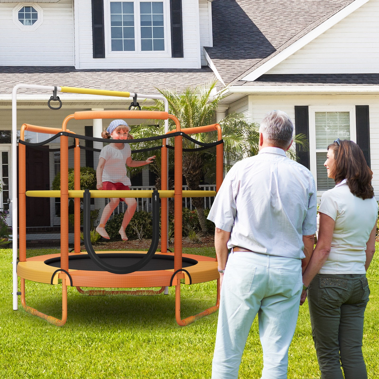 Topbuy 60 Inch Kids Trampoline, 330 LBS 3-in-1 Trampoline w/ Swinging Rings 3-Level Height Adjustable Horizontal Bar Orange