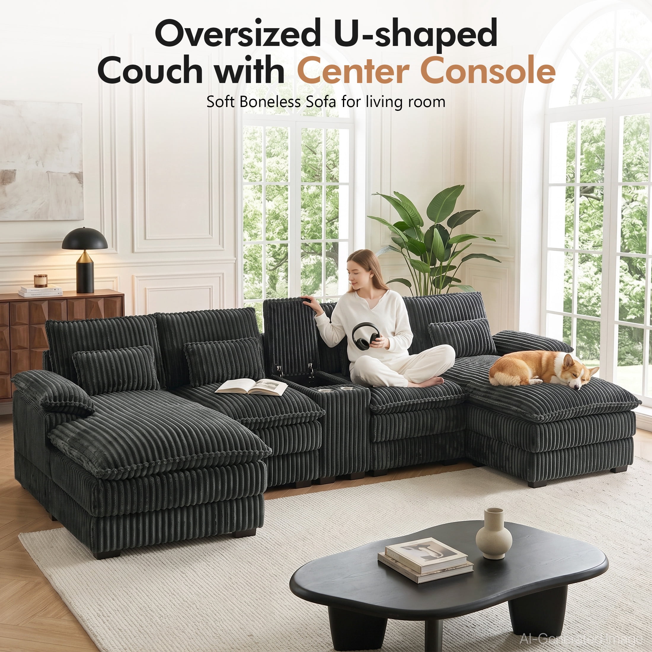 Aenkyo 125 Inch Corduroy U-Shaped Sectional Sofa with Console and USB Ports, Dark Gray