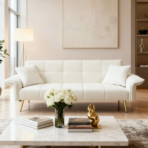 Gewnee Futon Sofa Bed, Convertible Double Sofa Bed with Folding Armrests - Teddy Velvet Fabric & Sturdy Wood Frame for Living Rooms & Small Spaces，Beige