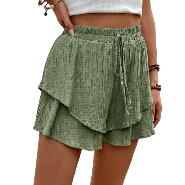 Pantalones cortos fluidos for mujer, falda pantalón estilo bohemio con volantes y mariposas, cintura alta, tela texturizada, doble capa, Color sólido, informal