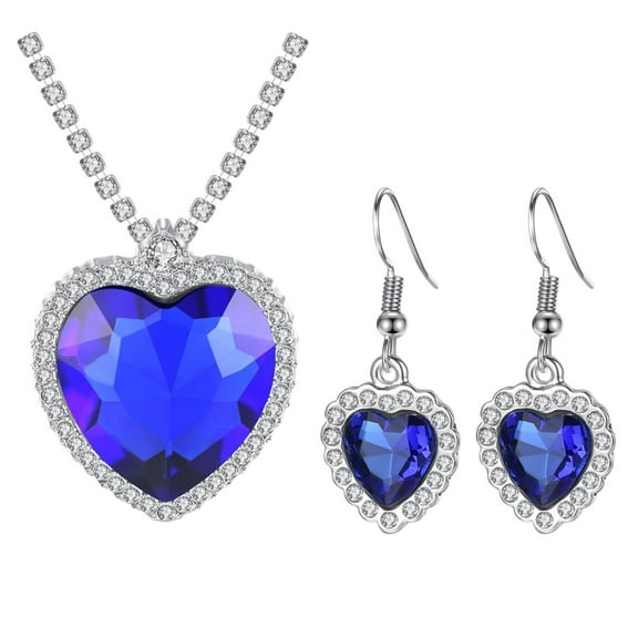 Guodhu Ocean Heart Jewelry Set - Blue Sapphire Heart Necklace & Stud Earrings, Silver CZ Diamond Earrings , Wedding/Anniversary Bridal Gifts