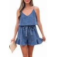 thumbnail image 2 of Womens Vintage Denim Rompers Summer Distressed Spaghetti Strap V Neck Wide Leg Belted Short Jean Jumpsuit Blue S, 2 of 10