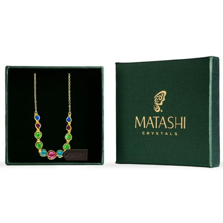Matashi Champagne Gold Plated Necklace with String of Hearts Design with 14 Inch Extendable Chain and High Quality Multicolored Crystals