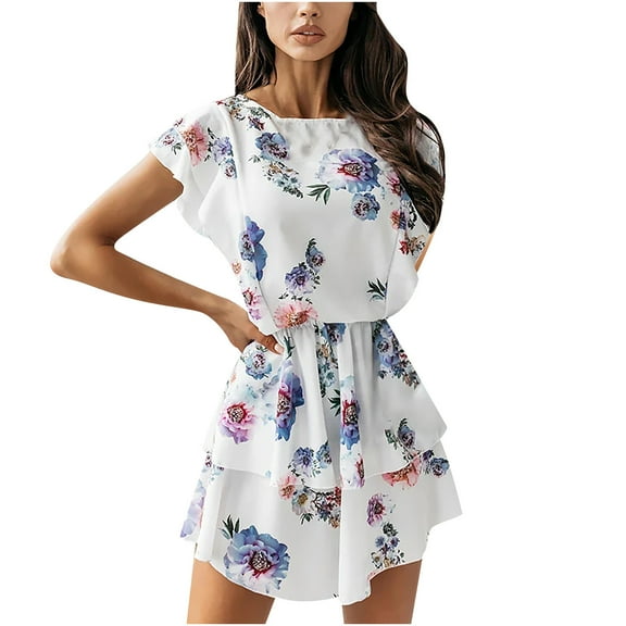 Fesfesfes Spring Dresses for Women Crewneck Ruffle Splicing Sleeveless Boho Dress Casual Floral Print Double Layer Loose Mini Dress