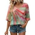 thumbnail image 4 of DHFJKG Tshirts Shirts For Women Boho Top Rainbow Print 3/4 Sleeve V Neck Loose Fit Graphic Tees Retro Bohemian Comfy Tops, 4 of 6