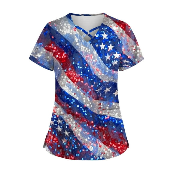 Scrubs For Women, Tops 5Th Of July Cutout V Neck Short Sleeve Workwear With Pockets Red White And Royal Blue American Flag Top 4Th Outfits Women Scrubs Set Shirts Tank Top (XXL, Blue) ZMTing