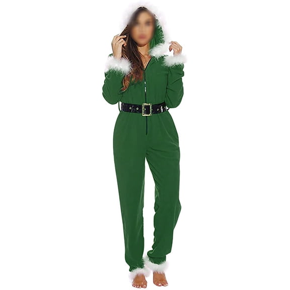 Aunavey Adult Christmas Onesie for Women Sherpa One-Piece Pajamas Santa Jumpsuit Fleece Hoodie Romper with Belt