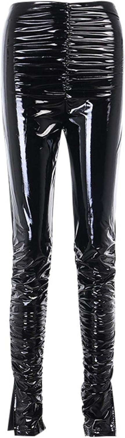 HLSOHJP Women's Pleated PU Leather Pants High Wasit Bodycon Ruched Split Hem Faux Leather Club Legging Trousers