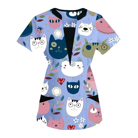 

Women Scrubs Top Nurses Clothing Working Uniform Top Care Workwear Short Sleeve V-Neck Tops Work Printed Patchwork Pocket Blouse