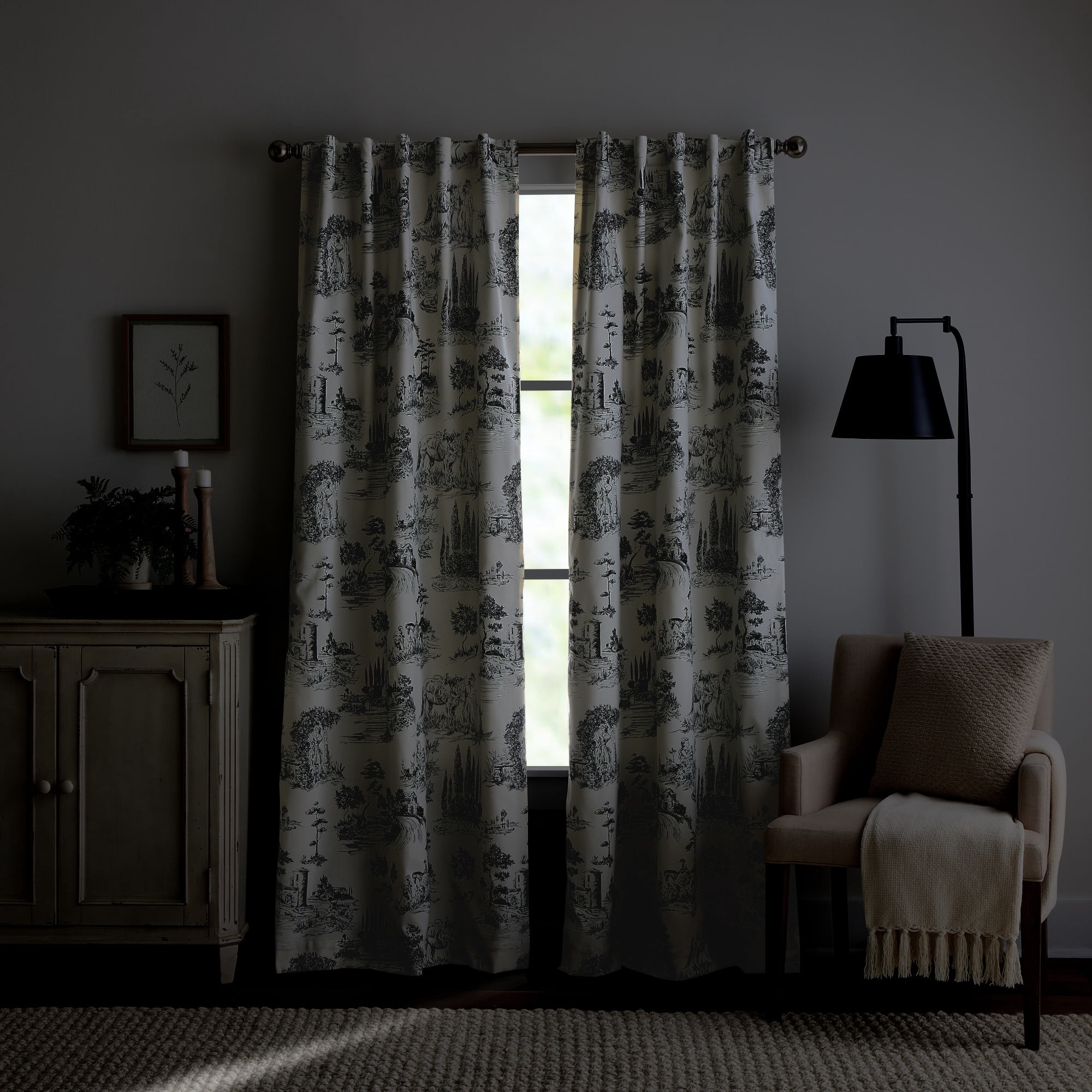 Martha Stewart Village Life Curtain Panel Pair, Black, Back Tab, Blackout, Indoor, Adult, 2 Piece Set, 37" x 84"