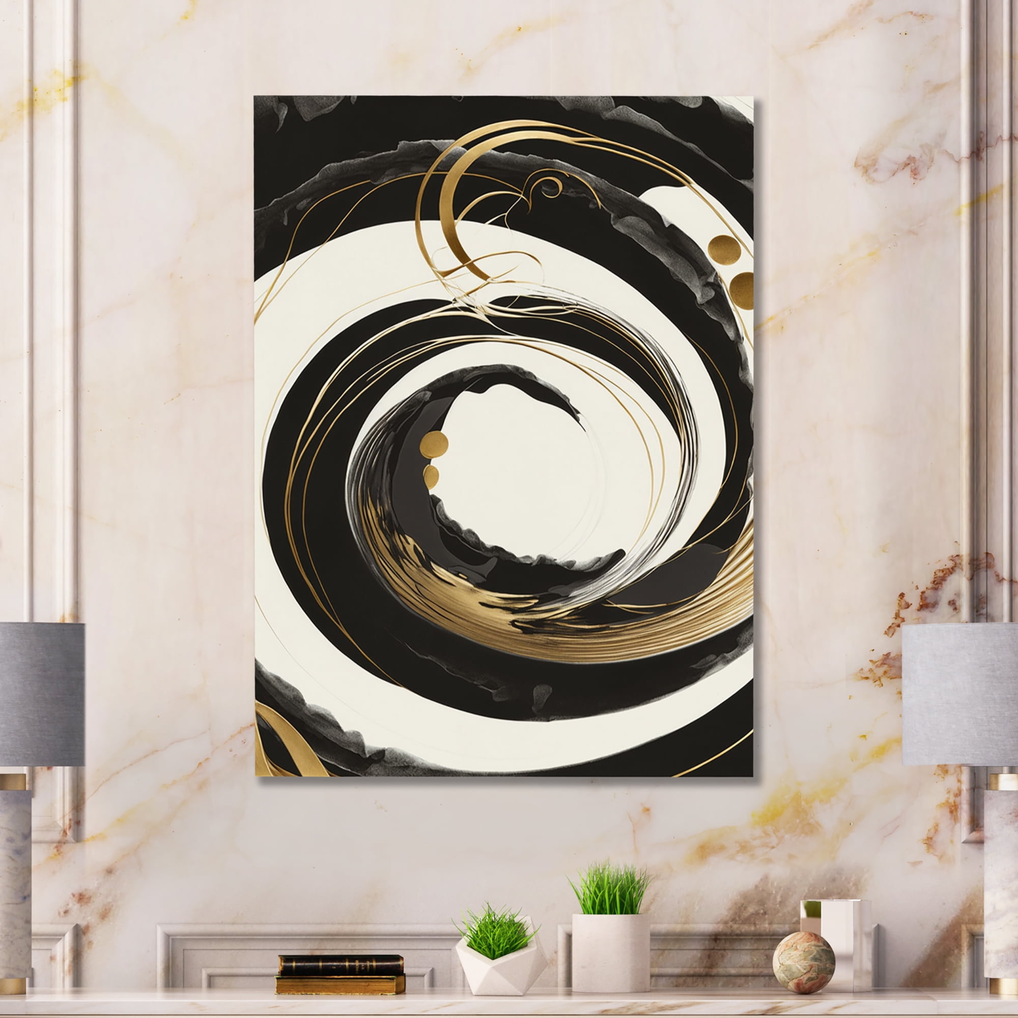 Designart Black, Silver And Gold Blending Swirls II Canvas Wall Art
