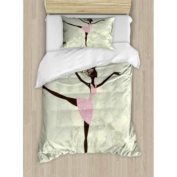 Ballet Duvet Cover Set Twin Size, Afro Girl with Floral Hair Dancing Monarch Butterfly on Grunge Background, Decorative 2 Piece Bedding Set with 1 Pillow Sham, Pale Green Pink Brown, by Ambesonne