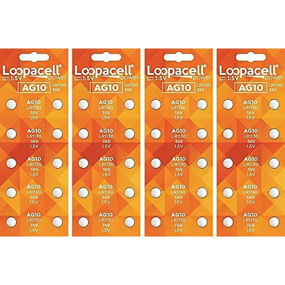40 LOOPACELL AG10 Button Cell Batteries, AG10 Coin Cell Battery, Alkaline Button Battery